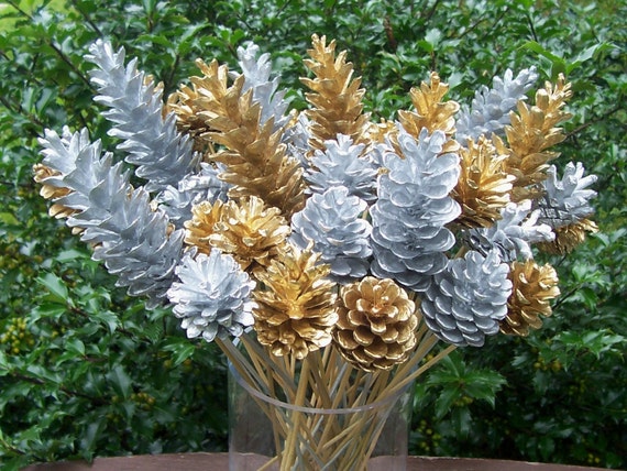 Pine Cone Flowers, Floral Picks. ONE DOZEN. Metallic Silver or Gold, or  mix. Winter Decor, Christmas.