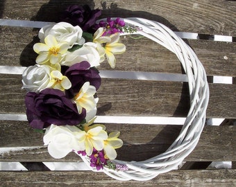 Willow Wreath.  One-of-a-Kind.  Roses in deep purple and white with yellow flowers.  Wall decor, front door wreath.