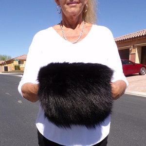 ADULT black RABBIT fur muff, pure black rabbit fur muff with wrist strap, heavily padded inside, classic bridal fur, vintage muff (#2686)