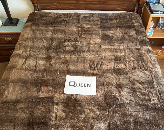 74x83 Real SHEARED BEAVER FUR Blanket Quilt Rug, Blend of Browns, Large