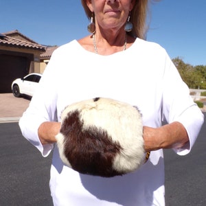 ADULT (sm) gray/brown RABBIT FUR muff, gray/brown rabbit fur muff with wrist strap, thickly padded, timeless classic, vintage muff (#2684)