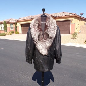 L (12) real SILVER FOX fur jacket coat, black leather, unisex, button at hips, brown/black/silver fox fur collar, EUC (#2902-2)