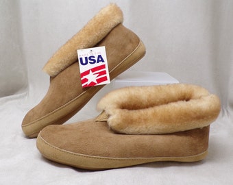 NWT Wms SHEARLING-SHEEPSKIN wool fur slippers, house shoes, by Adirondack, made in U.S.A, brown/beige, choose your size, hard sole (#2281)