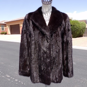 S (6) real MINK fur jacket coat, black, real female ranch mink fur hip-length jacket, high quality, EUC (#3383)