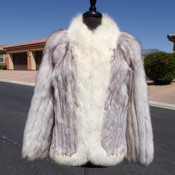 M-L (10-12) real BLUE fox fur jacket coat, by SAGA Furs, ARCTIC fox trim, hip-length, ivory w gray tips, soft and luxurious, E-U-C (#3305)