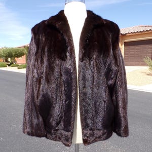 Men&#39;s (L) real MINK FUR jacket, dark ranch mink, mahogany mink, bomber stadium jacket, boxy 1980&#39;s cut, unisex, E-U-C (#3283-2)