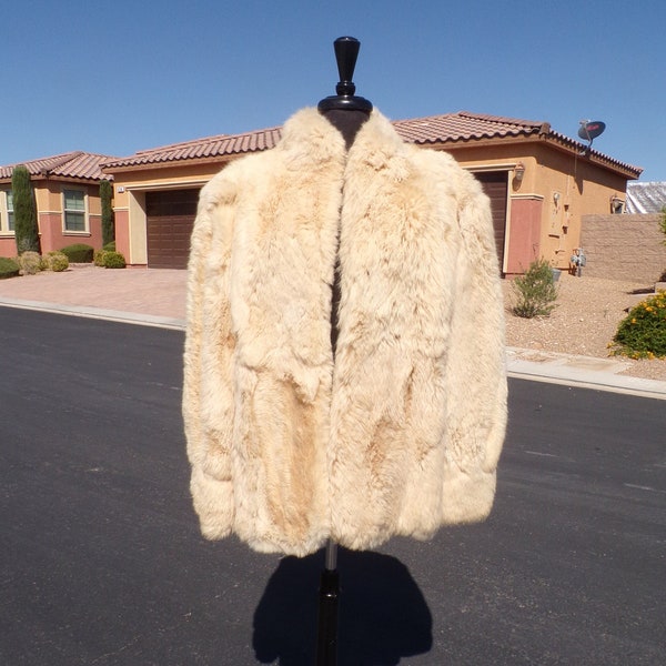 L (12) beige RABBIT fur jacket coat hip-length stroller, SHEDDING, vintage, has been professionally altered, soft & luxurious! EUC (#2168)