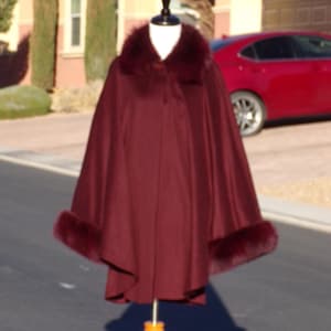 real maroon FOX FUR  trim on maroon 100% cashmere wool cape ruana shawl wrap, by Cedrics, timeless classic styling in EUC (#2919)