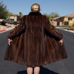 M-L (10-12) real FOX tuxedo trim on MINK fur coat, tuxedo front detailing, brown female ranch mink/fox, buttery soft, classic, E-U-C (#3602)