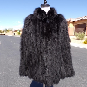 S-M (6-8) real FOX fur hip-length jacket coat, dyed black, Henig Furs, thin strips of fox fur, wonderful first fur, pretty, EUC (#3366)