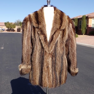 X-L (16-18) real RACCOON FUR jacket coat, silver tip raccoon, top quality pelts, brown/black, soft luscious fur, unisex design EUC (#3398-2)