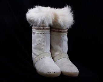 Wm (6) TECNICA real fur boots, high quality, ivory, apres ski boots, real cow fur uppers & fur trim on the shaft, vintage fur boots (#1445)