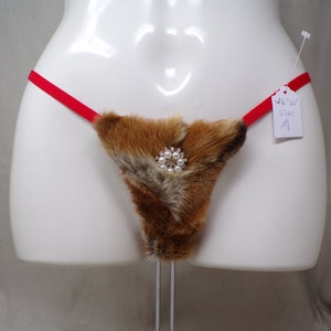 Women&#39;s (M) real SHEARED RED FOX fur (w jewels) covered g-string thong pantie panty cosplay underwear, made from upcycled fur coat (#2287)