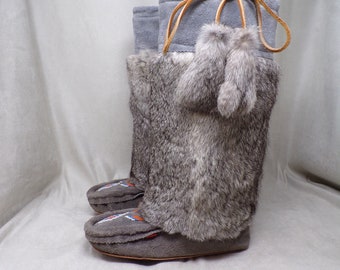 Wm (8) real RABBIT FUR moccasins, tall "mukluk" style, high quality, gray, winter boots, real suede uppers w fur on the shaft, EUC (#2286)