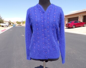 S (4-6) real ANGORA sweater, royal blue w blue/lavendar "pearls", lightweight embellished sweater by Club Classic, great condition! (#1670)