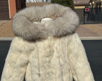 child (2T-3T) real RABBIT/FOX fur hooded jacket, girls fur, ivory/white, front zipper, hip length, excellent first fur jacket (#2091-2)