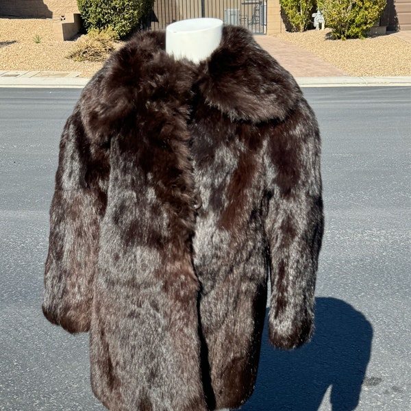CH-L (10-12) real RABBIT fur jacket, dyed dk brown, girls fur coat, longer length, European made, excellent first fur jacket, EUC (#2079-2)