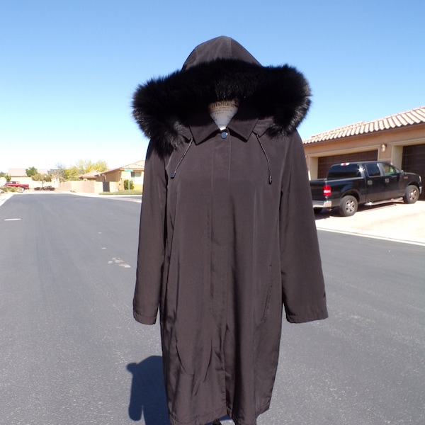 M/L (10-12) real FOX FUR ruff on black hooded insulated pea coat jacket, by Fleet Street, detachable hood, NWOT vintage condition! (#485)