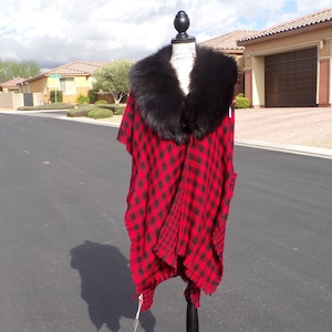 NWT real (dyed) FINN RACCOON fur collar cape poncho shawl wrap, black fur on a red/black plaid woven cape, recycled repurposed fur (#1733)