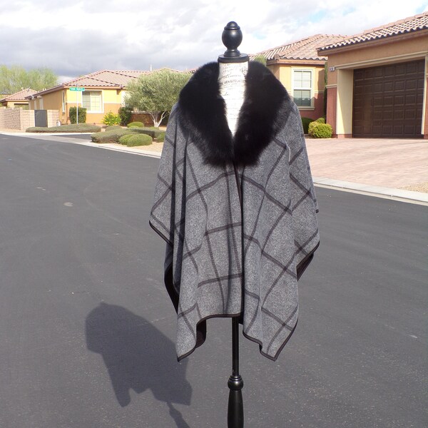 real (dyed) FOX FUR collar cape poncho shawl wrap, black fur on a gray/black tightly woven, fleece lined, recycled repurposed fur (#1732)