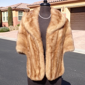 M (8-10) real MINK FUR stole shawl wrap, beige/light brown mink, bridal fur, wedding fur, Mother of the Bride, classic stole, EUC (#3130)
