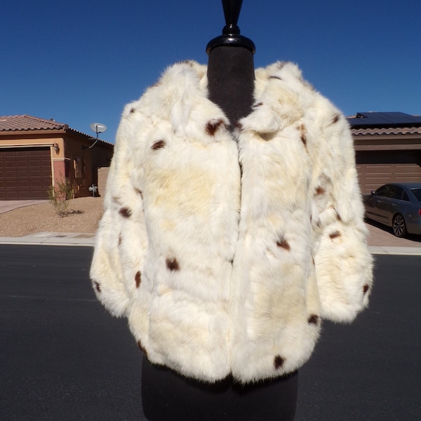 M-L (10-12) real RABBIT FUR cape stole shawl wrap, ivory/brown spots rabbit fur, vintage fur, Mother Bride Groom, Wedding fur (#312)