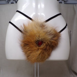 Women&#39;s (S) real RED FOX fur (w jewels) covered g-string thong pantie panty cosplay underwear, made from upcycled fur coat (#2296)