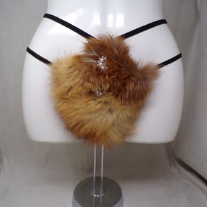 Women&#39;s (S) real RED FOX fur (w jewels) covered g-string thong pantie panty cosplay underwear, made from upcycled fur coat (#2289)