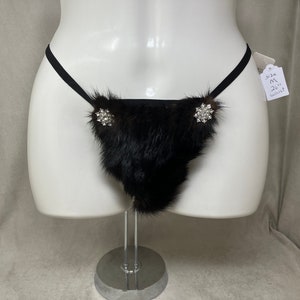 Women&#39;s (M) real BLACK MINK fur (w jewels) covered g-string thong pantie panty cosplay underwear, made from upcycled fur coat (#2396)