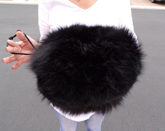 ADULT black FOX FUR muff convertible purse satchel with inner zippered enclosure and wrist strap, excellent vintage condition!