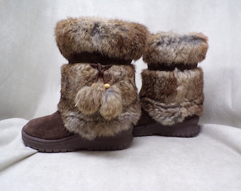 youth size 3 US/EU 34 real RABBIT fur trimmed BearPaw, girls, brown suede, fleece lined, excellent used condition (#1952-2)