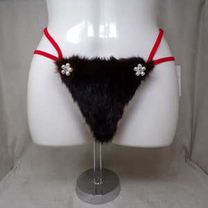 Women&#39;s (M) real BLACK MINK fur (w jewels) covered g-string thong pantie panty cosplay underwear, made from upcycled fur coat (#2391)