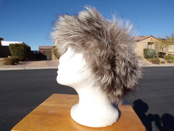 real SILVER FOX fur headband, brown/gray/ivory fox fur headband snood  scarf neck wrap hat trim, hook/loop, EUC, vintage fur (#1975-2)