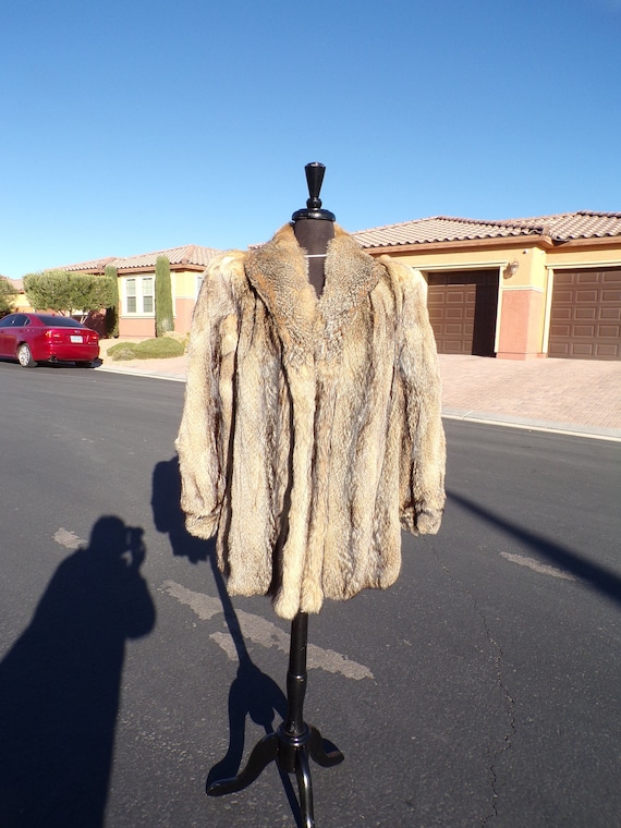 L (12-14) real GRAY FOX fur jacket, women's hip-le
