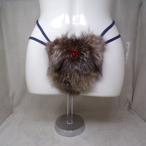 Women&#39;s (S) real SILVER FOX fur (w jewels) covered g-string thong pantie panty cosplay underwear, made from upcycled fur coat (#2389)