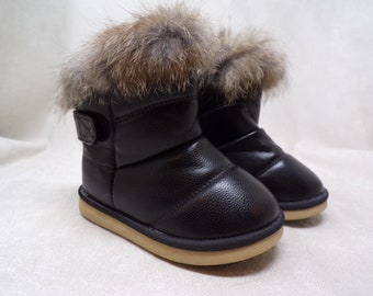 NWT Toddler size 8 US/Eu 24 real RABBIT fur trimmed unisex waterproof snow boots, black unused, great for everyday, fleece lined (#1939-2)