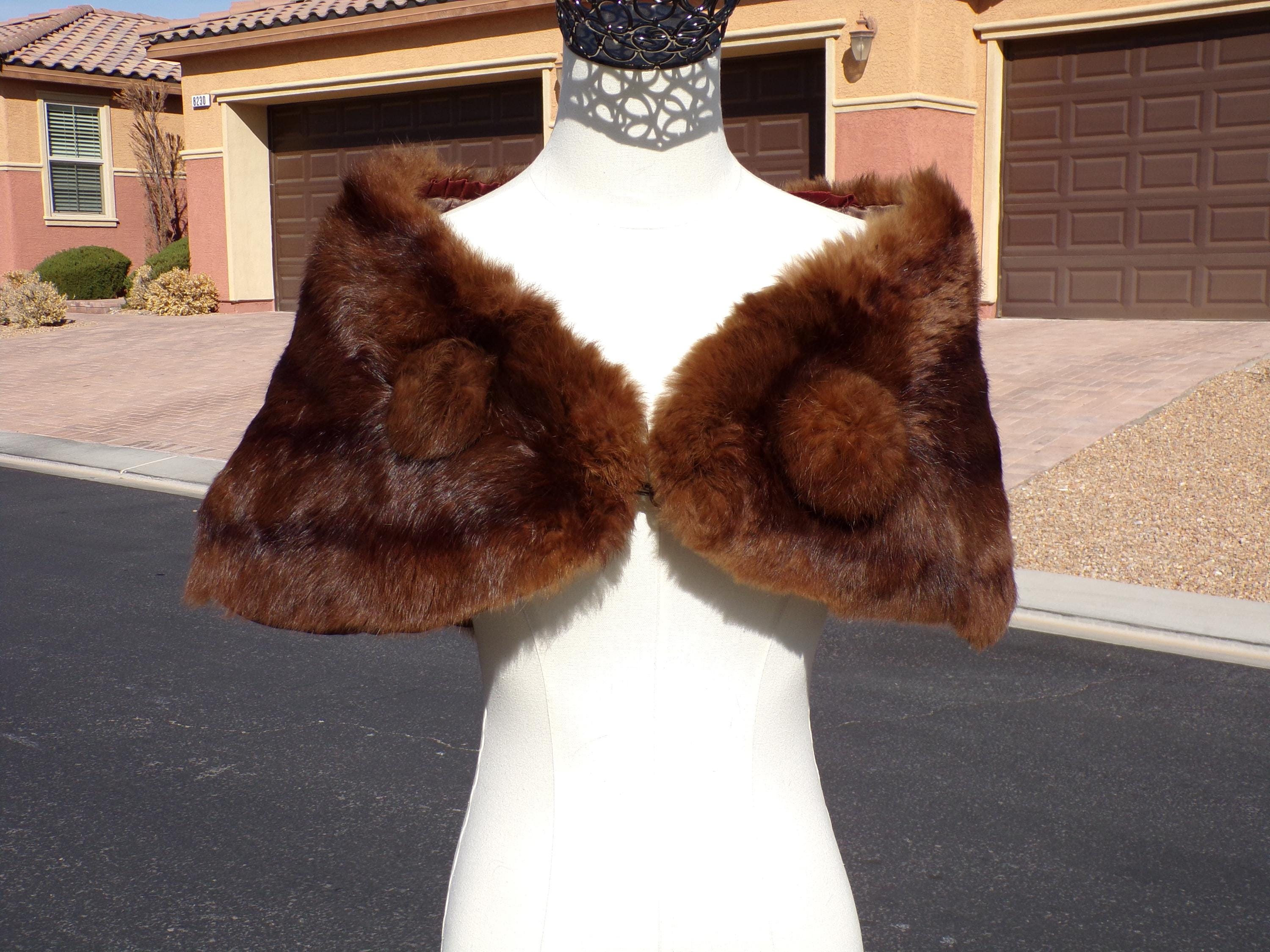 Sm (6-8) real RABBIT FUR stole shawl wrap, rabbit fur in brown, vintage fur, prom, Wedding, First Communion, holiday, EUC (#3134)