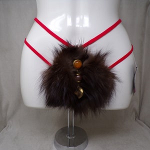 Women&#39;s (S) real BROWN FOX fur (w jewels) covered g-string thong pantie panty cosplay underwear, made from upcycled fur coat (#2388)