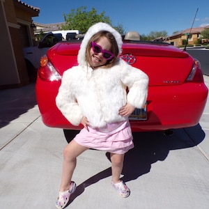 NWOT CH-S/M (6) real RABBIT fur hooded jacket, unisex fur coat w hood, white/ivory, front zipper, by Niki, excellent first fur (#2411-2)