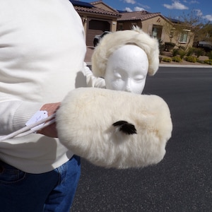 CHILD&#39;s 2 pc set RABBIT headband & muff, white/ivory, muff w wrist strap and headband, classic childs fur set, rabbit fur for kids (#2060-2)