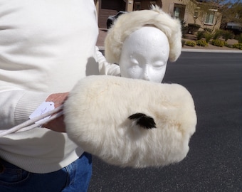 CHILD&#39;s 2 pc set RABBIT headband & muff, white/ivory, muff w wrist strap and headband, classic childs fur set, rabbit fur for kids (#2060-2)