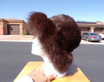 NWOT dark brown knit MINK fur w FOX fur brim, unisex knit hat, knit mink & fox fur hat cap, one size, stretch knit cap hat, fur hat (#722)