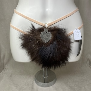 Women&#39;s (S) real FOX fur (w jewels) covered g-string thong pantie panty cosplay underwear, made from upcycled fur coat (#2390)