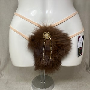 Women&#39;s (S) real FOX fur (w jewels) covered g-string thong pantie panty cosplay underwear, made from upcycled fur coat (#2385)