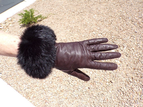 Sz 7.5 (L) real RABBIT FUR & leather gloves, wome… - image 1