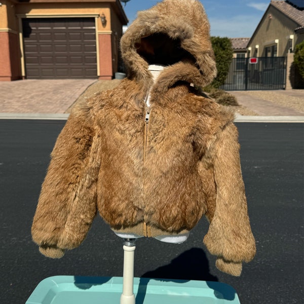 Child (2T) real RABBIT fur hooded bomber jacket, unisex fur, brown/beige, front zip, hip length, excellent first fur jacket, EUC (#2077-2)