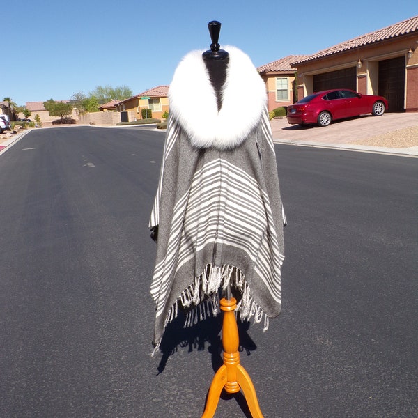 real ARCTIC FOX FUR collar cape poncho shawl wrap, ivory fur on an ivory/gray tightly woven cape, made with recycled repurposed fur (#1688)