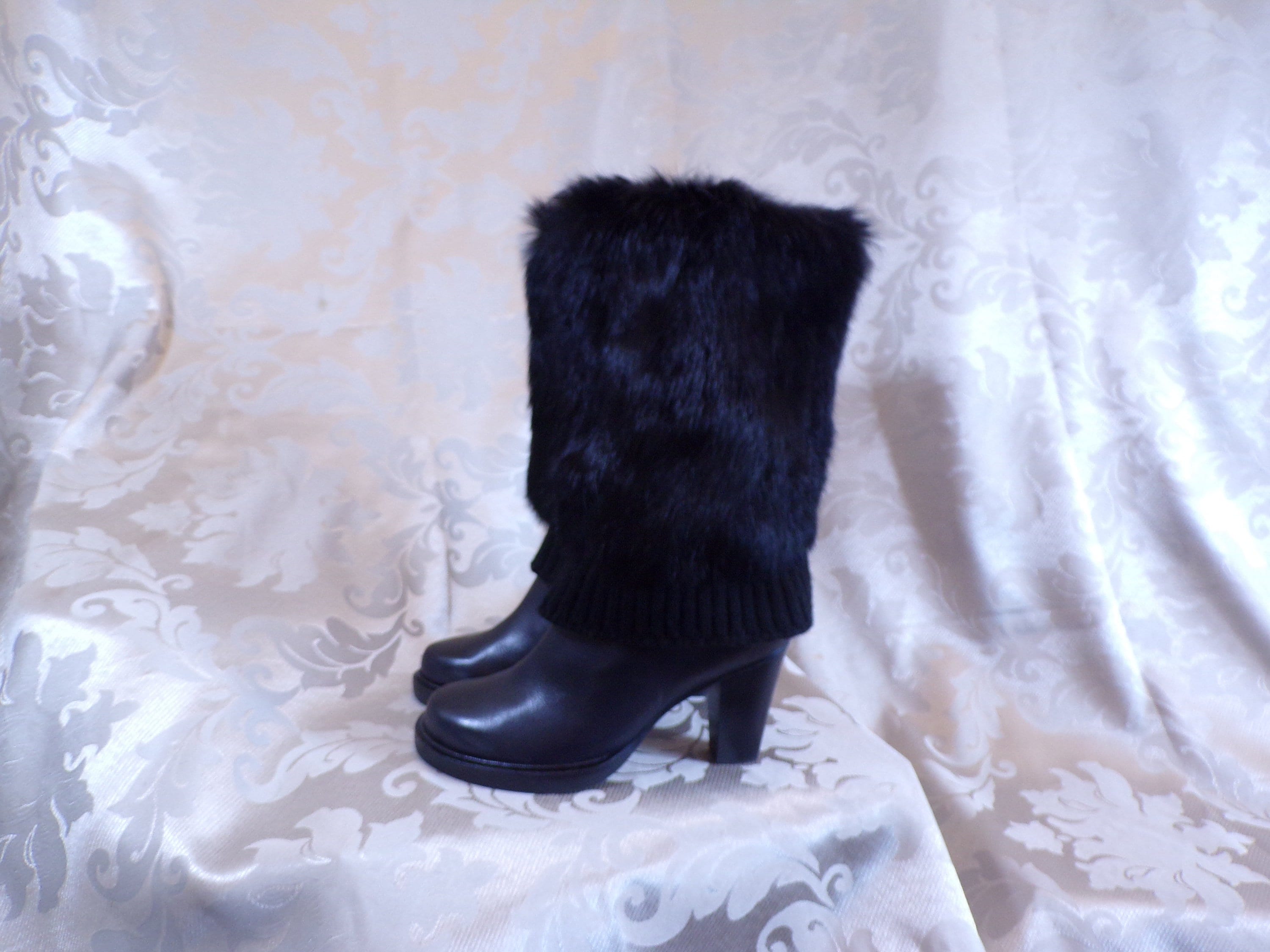 NWOT Wm JOY CHEN real fur boots, black winter boots, genuine leather  uppers real rabbit trim on the shaft, faux boot cuffs (#1461)