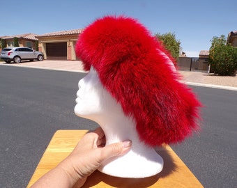 22" real FOX FUR headband, SAGA Fox Fur, red w black tips, real fox fur headband collar neck wrap hat trim, black, velcro, vintage (#1382)
