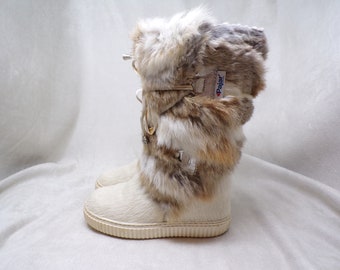 youth size 2 US/EU 33 real RABBIT fur trimmed Pajar boots, girls, ivory/beige, fleece lined, excellent used condition (#1953-2)